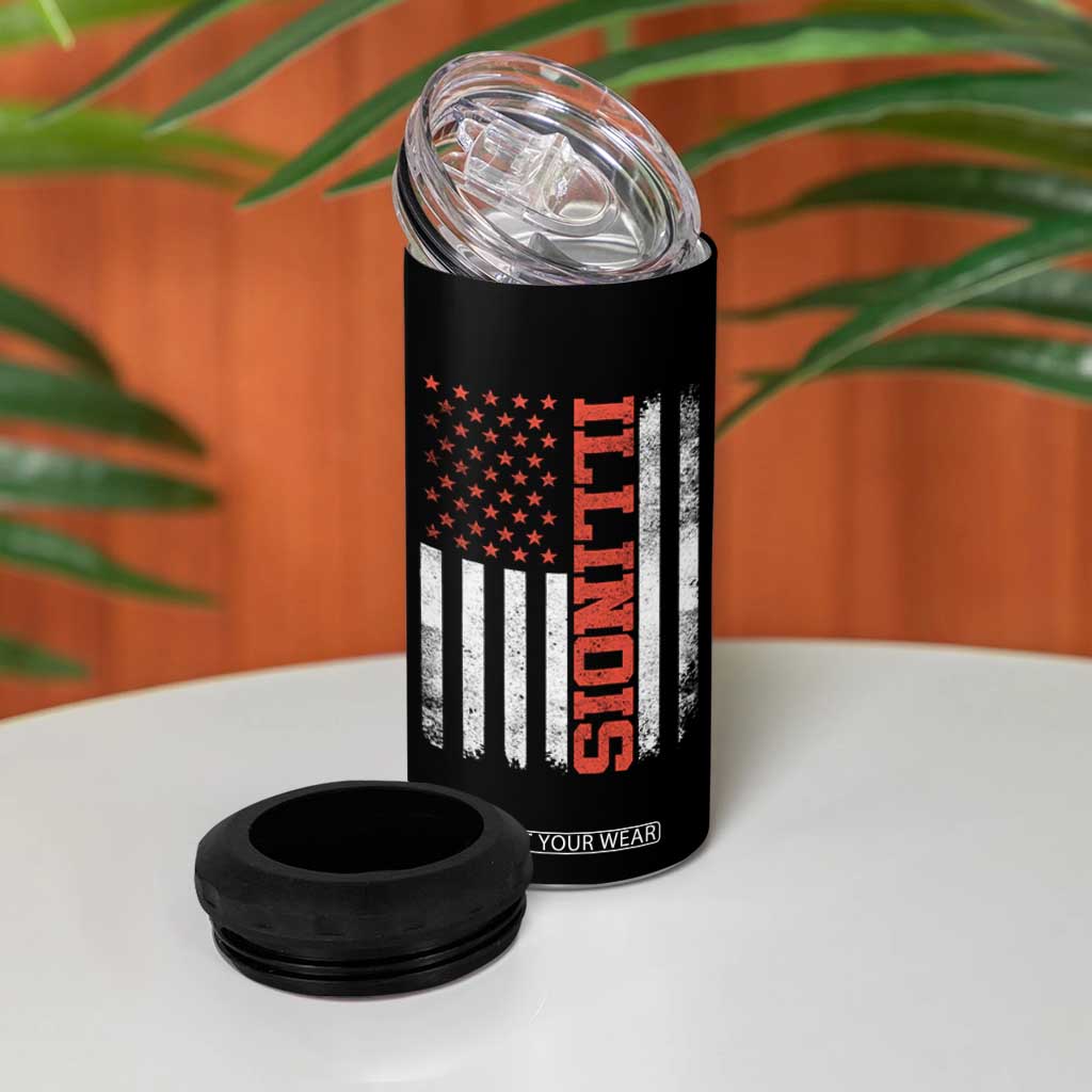 Illinois Pride 4 in 1 Can Cooler Tumbler Vintage American Flag Distressed Varsity Aesthetic Letters IL State TS11 Print Your Wear