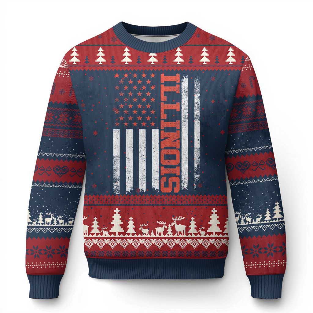 Illinois Pride Ugly Christmas Sweater Vintage American Flag Distressed Varsity Aesthetic Letters IL State TS11 Navy Red Print Your Wear