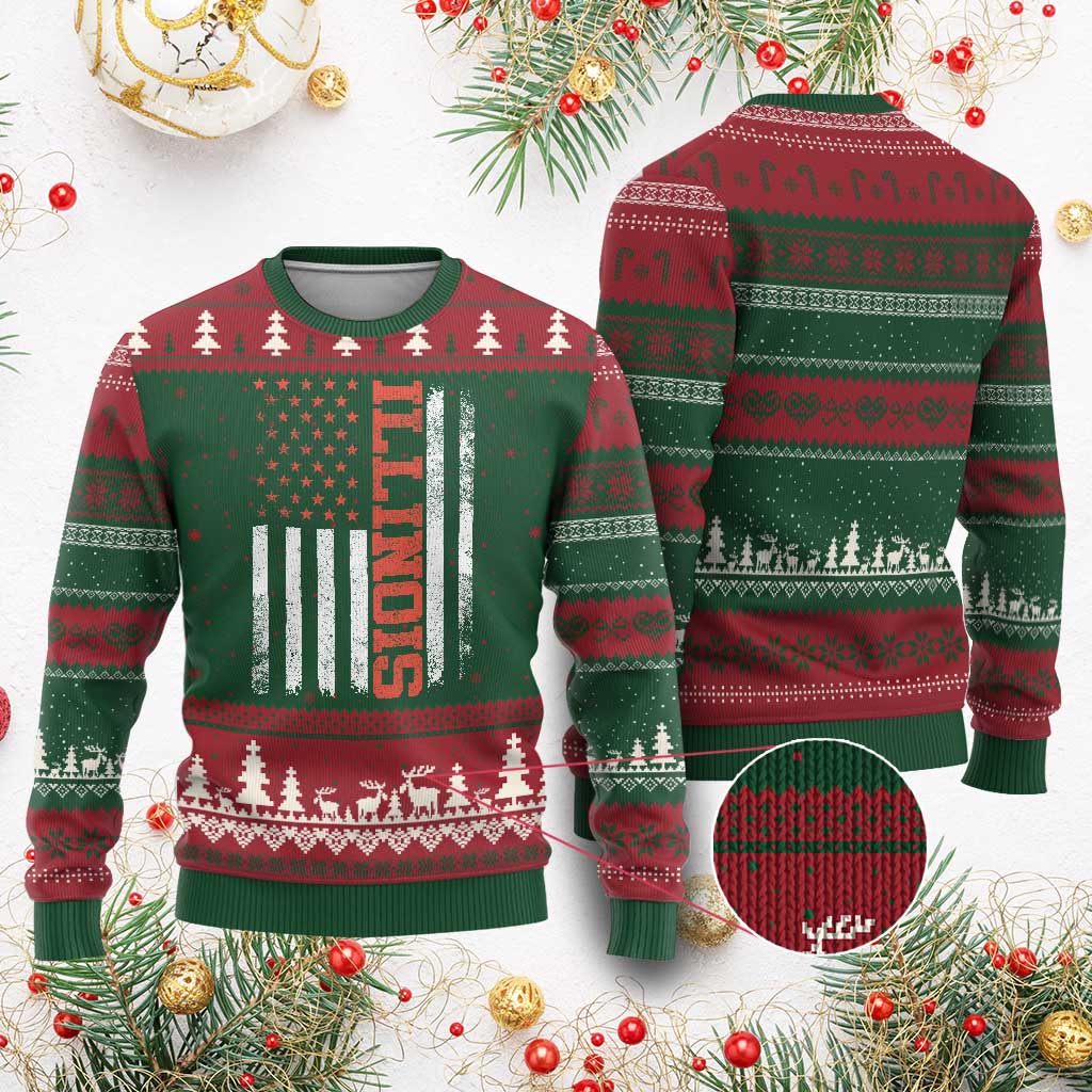 Illinois Pride Ugly Christmas Sweater Vintage American Flag Distressed Varsity Aesthetic Letters IL State TS11 Red Green Print Your Wear
