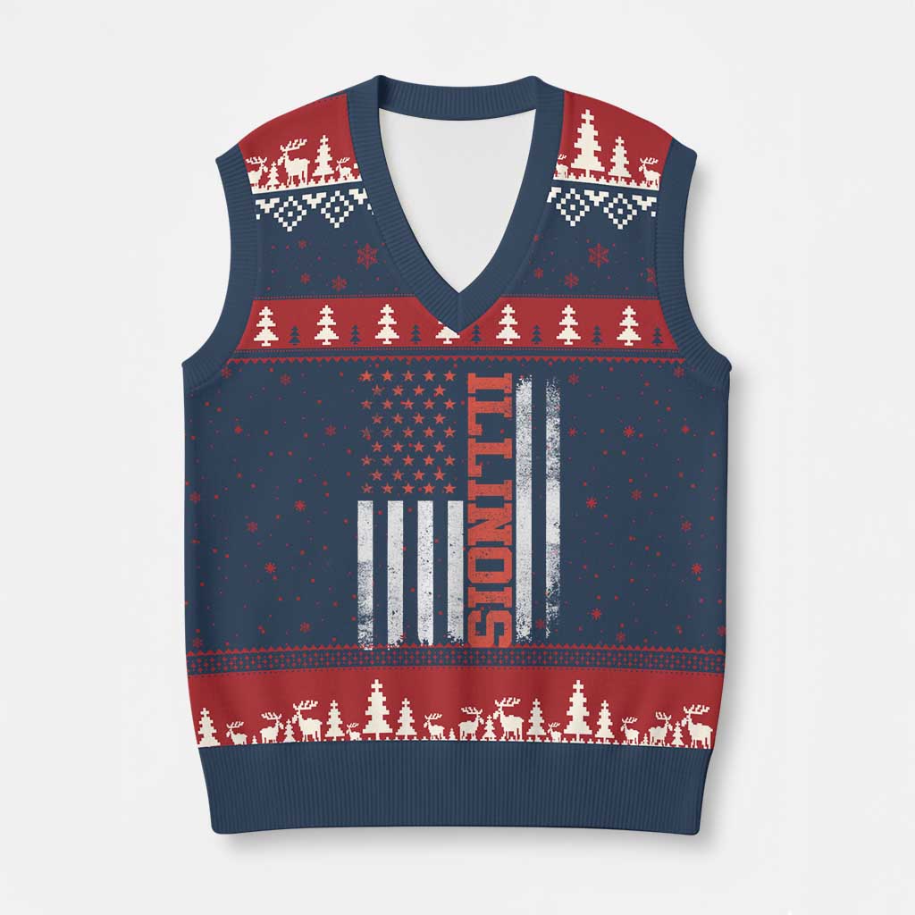 Illinois Pride V-Neck Knit Sweater Vest Vintage American Flag Distressed Varsity Aesthetic Letters IL State TS11 Navy Red Print Your Wear