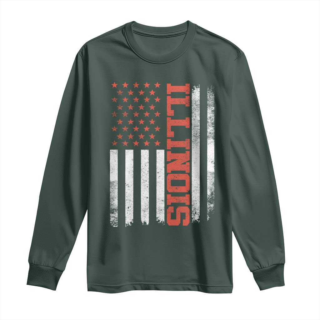Illinois Pride Long Sleeve Shirt Vintage American Flag Distressed Varsity Aesthetic Letters IL State TS11 Dark Forest Green Print Your Wear