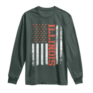 Illinois Pride Long Sleeve Shirt Vintage American Flag Distressed Varsity Aesthetic Letters IL State TS11 Dark Forest Green Print Your Wear