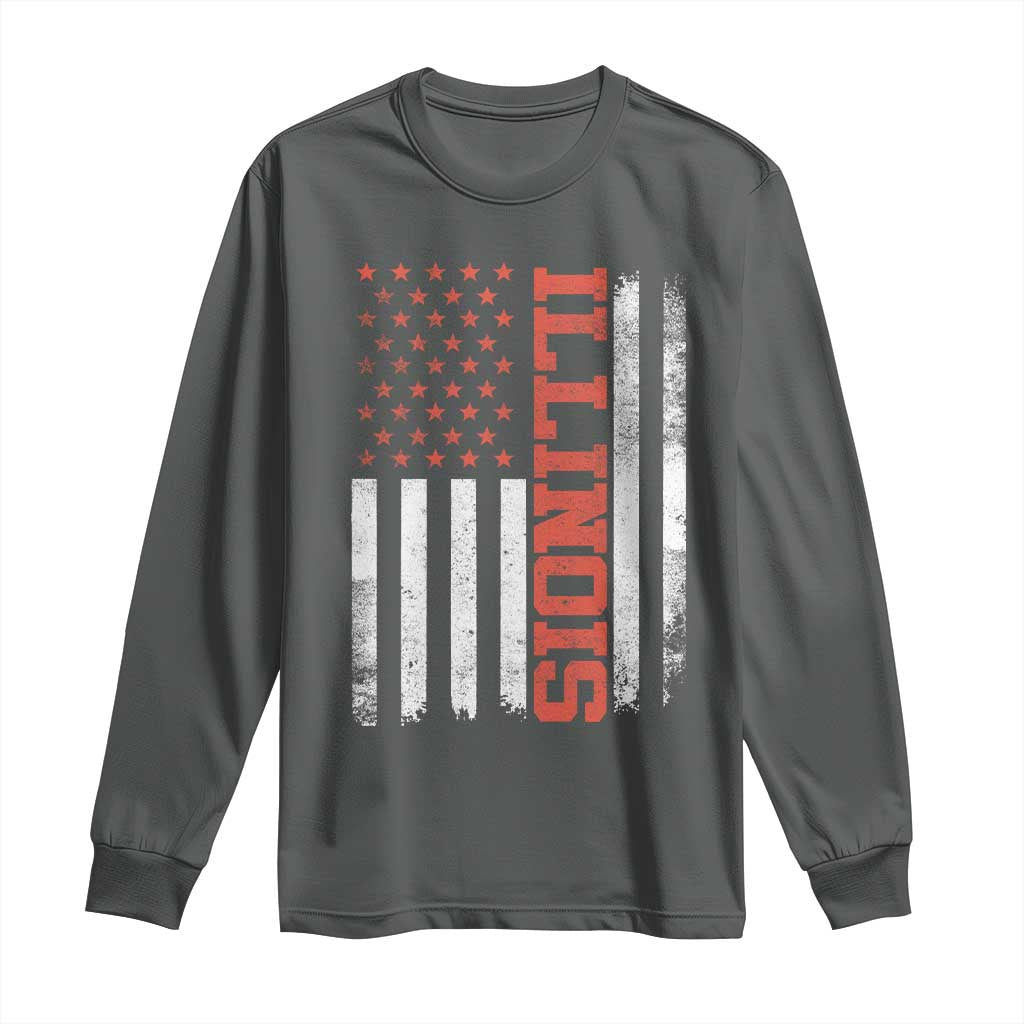 Illinois Pride Long Sleeve Shirt Vintage American Flag Distressed Varsity Aesthetic Letters IL State TS11 Dark Heather Print Your Wear
