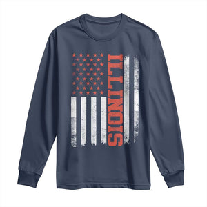 Illinois Pride Long Sleeve Shirt Vintage American Flag Distressed Varsity Aesthetic Letters IL State TS11 Navy Print Your Wear