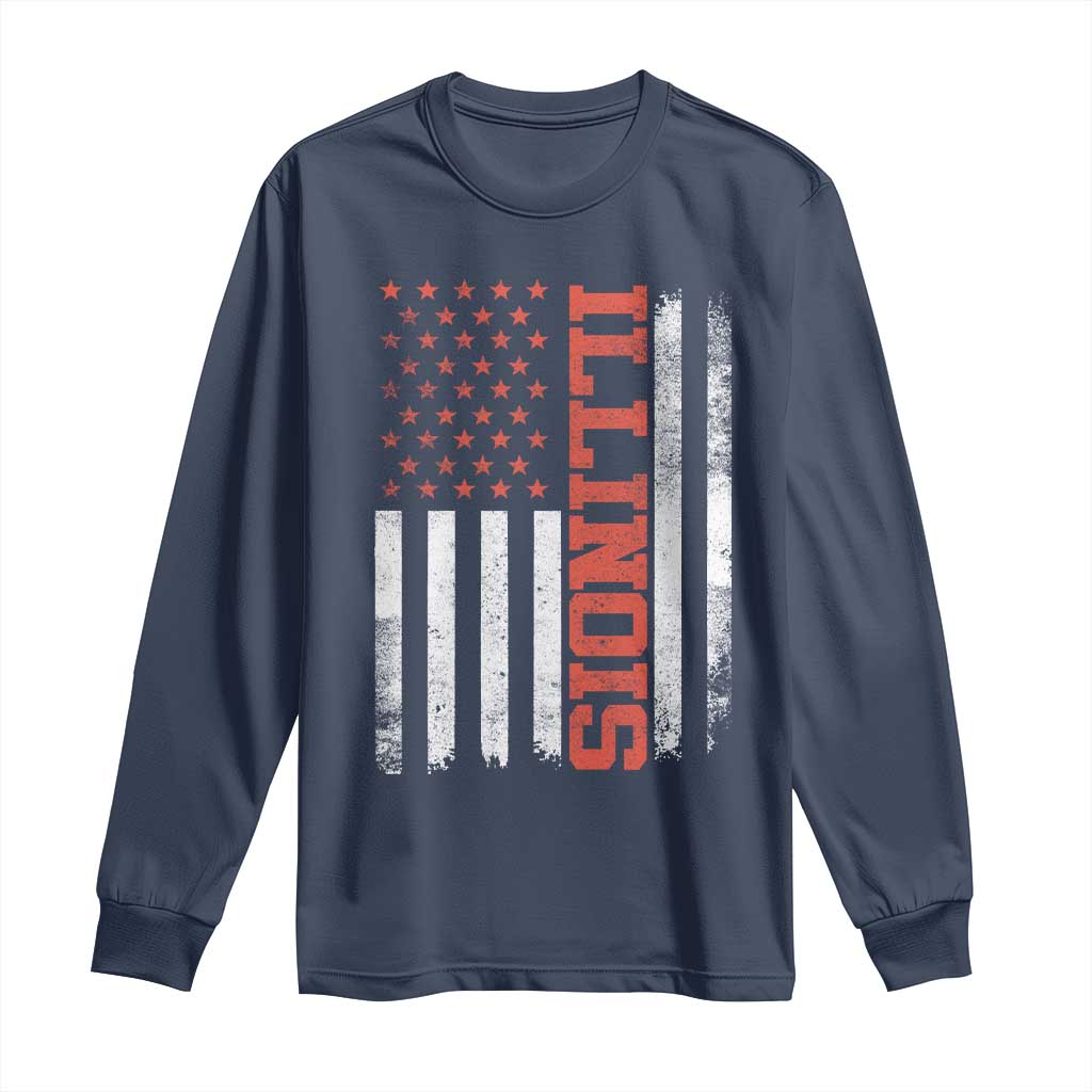 Illinois Pride Long Sleeve Shirt Vintage American Flag Distressed Varsity Aesthetic Letters IL State TS11 Navy Print Your Wear