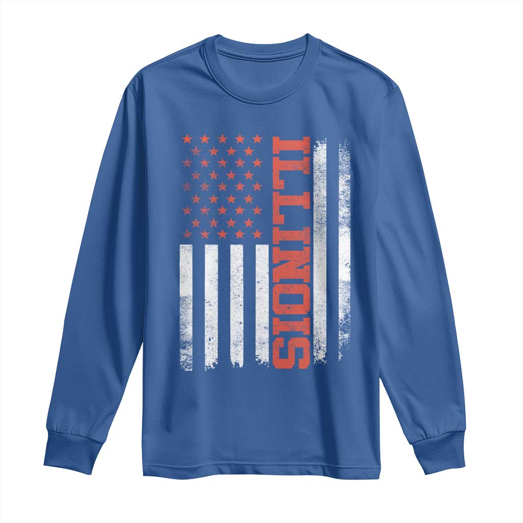 Illinois Pride Long Sleeve Shirt Vintage American Flag Distressed Varsity Aesthetic Letters IL State TS11 Royal Blue Print Your Wear