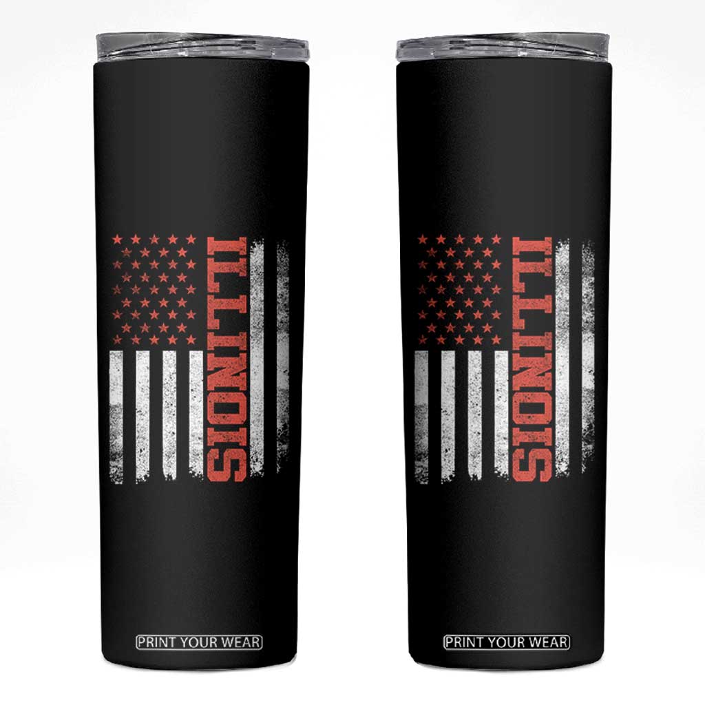 Illinois Pride Skinny Tumbler Vintage American Flag Distressed Varsity Aesthetic Letters IL State TS11 Black Print Your Wear
