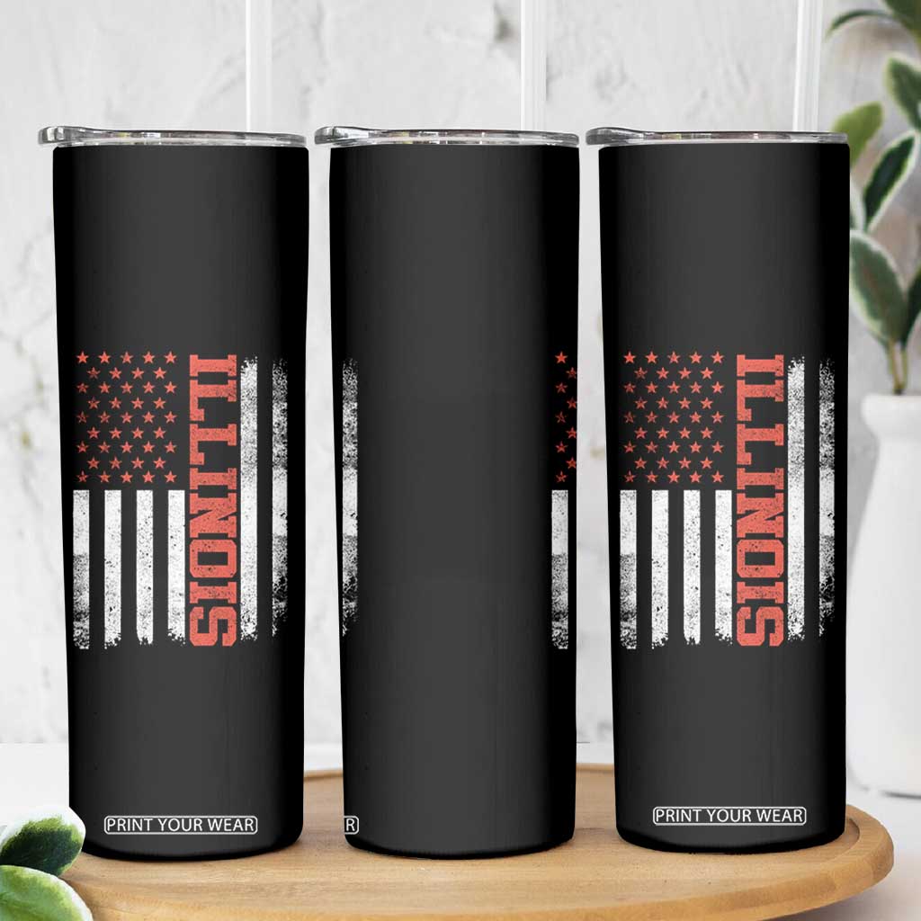 Illinois Pride Skinny Tumbler Vintage American Flag Distressed Varsity Aesthetic Letters IL State TS11 Print Your Wear