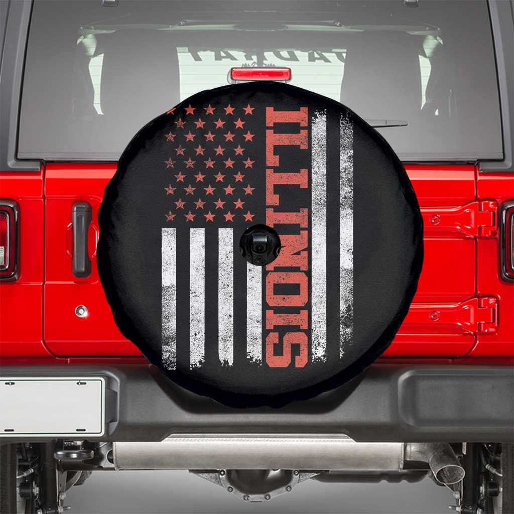 Illinois Pride Spare Tire Cover Vintage American Flag Distressed Varsity Aesthetic Letters IL State TS11 Black Print Your Wear