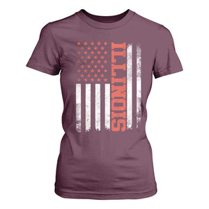 Illinois Pride T Shirt For Women Vintage American Flag Distressed Varsity Aesthetic Letters IL State TS11 Maroon Print Your Wear