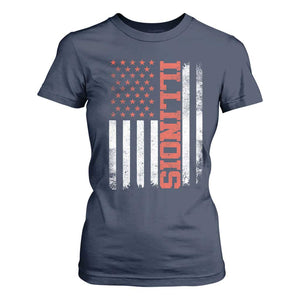 Illinois Pride T Shirt For Women Vintage American Flag Distressed Varsity Aesthetic Letters IL State TS11 Navy Print Your Wear