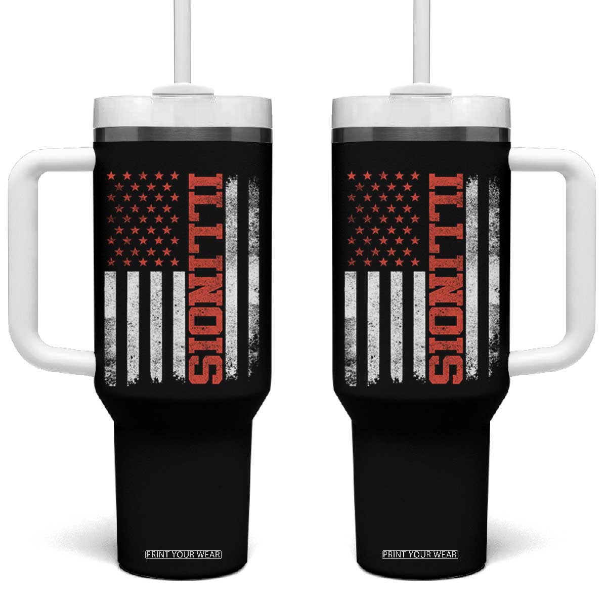 Illinois Pride Tumbler With Handle Vintage American Flag Distressed Varsity Aesthetic Letters IL State TS11 One Size: 40 oz Black Print Your Wear