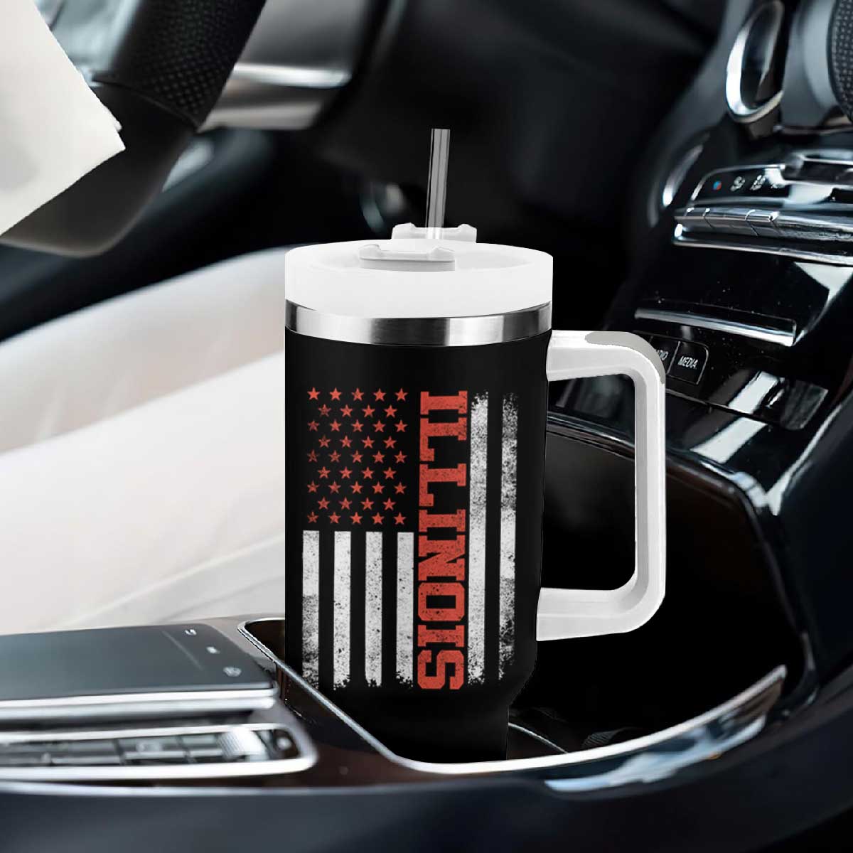 Illinois Pride Tumbler With Handle Vintage American Flag Distressed Varsity Aesthetic Letters IL State TS11 Print Your Wear