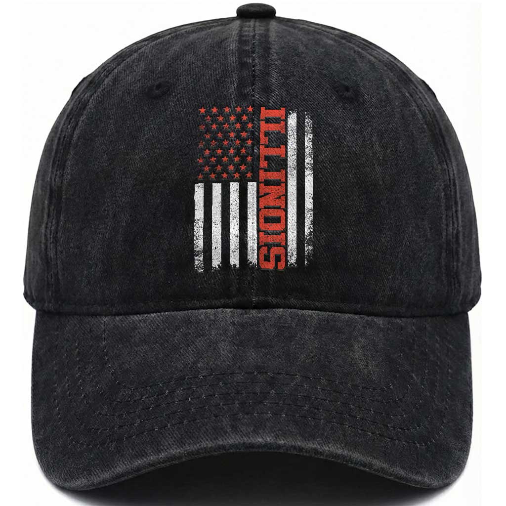 Illinois Pride Washed Cotton Baseball Cap Vintage American Flag Distressed Varsity Aesthetic Letters IL State TS11 Print Your Wear
