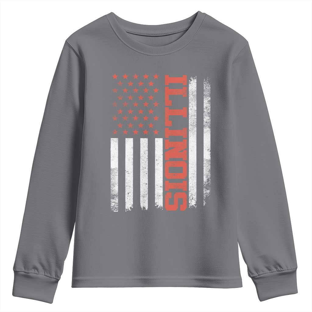Illinois Pride Youth Sweatshirt Vintage American Flag Distressed Varsity Aesthetic Letters IL State TS11 Charcoal Print Your Wear