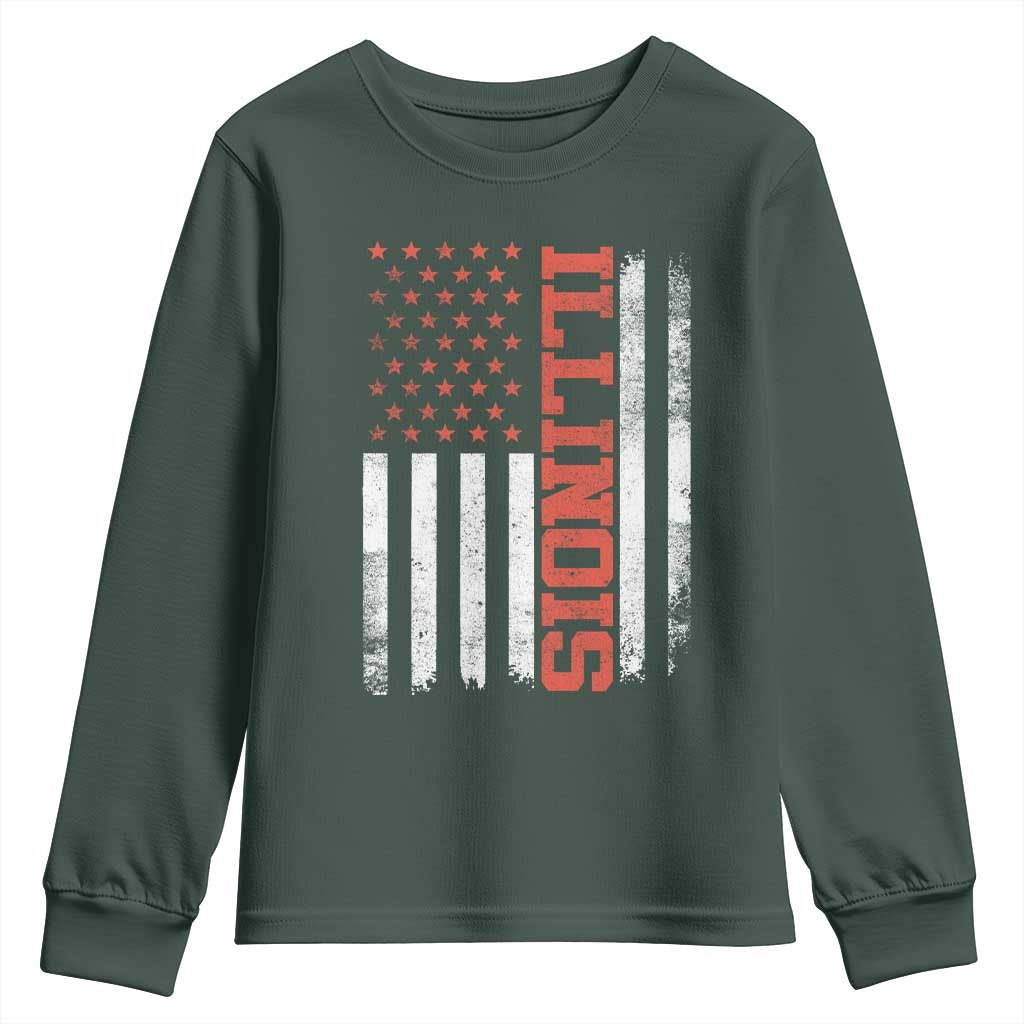 Illinois Pride Youth Sweatshirt Vintage American Flag Distressed Varsity Aesthetic Letters IL State TS11 Dark Forest Green Print Your Wear