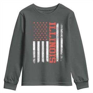 Illinois Pride Youth Sweatshirt Vintage American Flag Distressed Varsity Aesthetic Letters IL State TS11 Dark Heather Print Your Wear