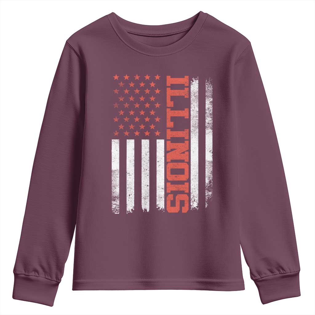 Illinois Pride Youth Sweatshirt Vintage American Flag Distressed Varsity Aesthetic Letters IL State TS11 Maroon Print Your Wear