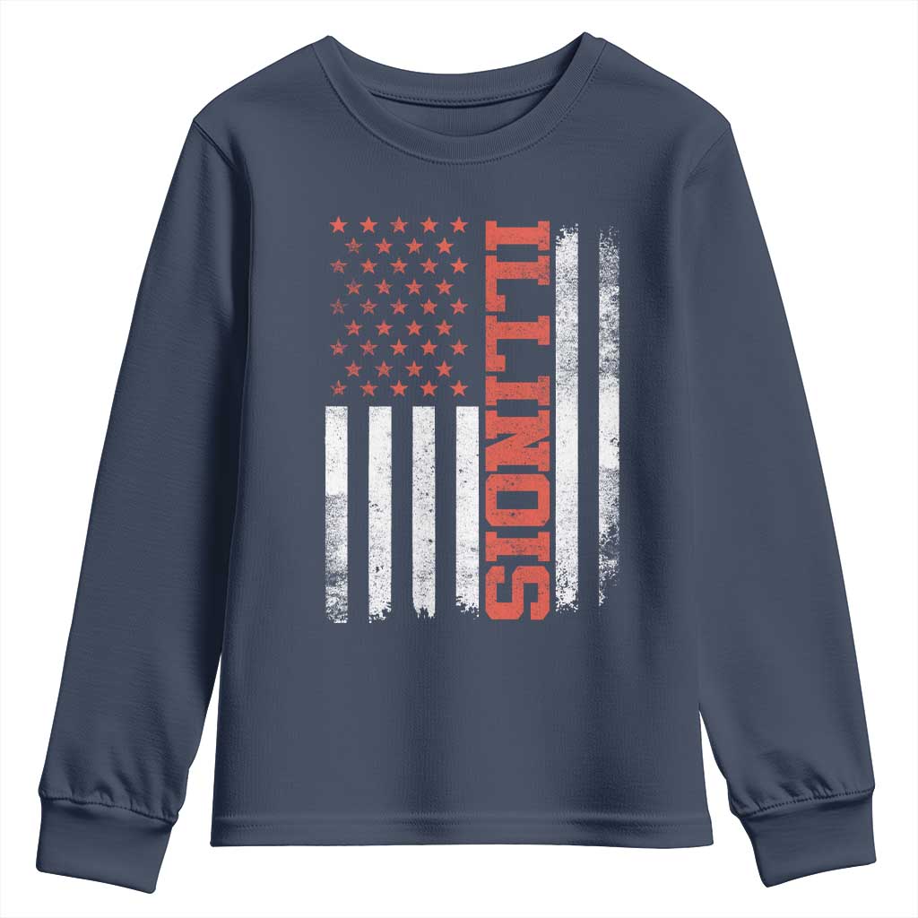 Illinois Pride Youth Sweatshirt Vintage American Flag Distressed Varsity Aesthetic Letters IL State TS11 Navy Print Your Wear