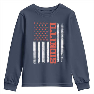 Illinois Pride Youth Sweatshirt Vintage American Flag Distressed Varsity Aesthetic Letters IL State TS11 Navy Print Your Wear