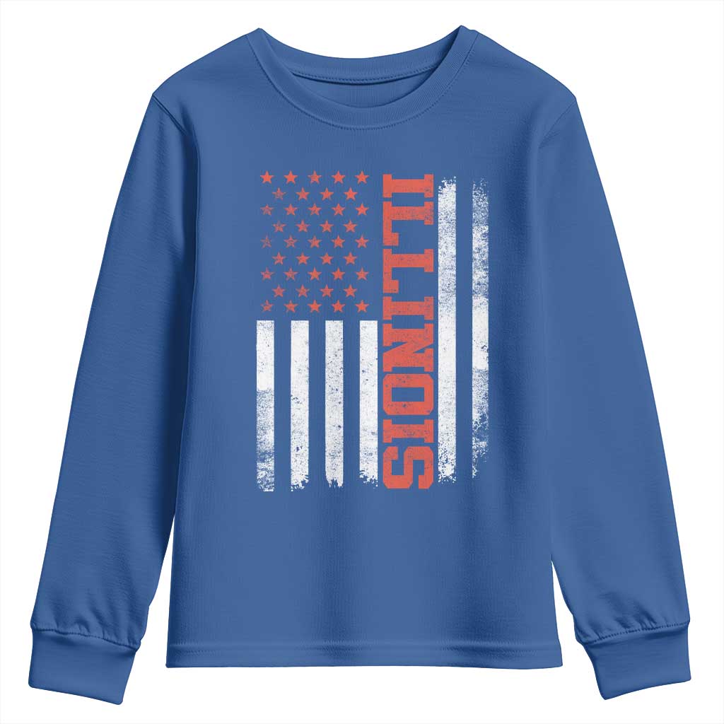 Illinois Pride Youth Sweatshirt Vintage American Flag Distressed Varsity Aesthetic Letters IL State TS11 Royal Blue Print Your Wear