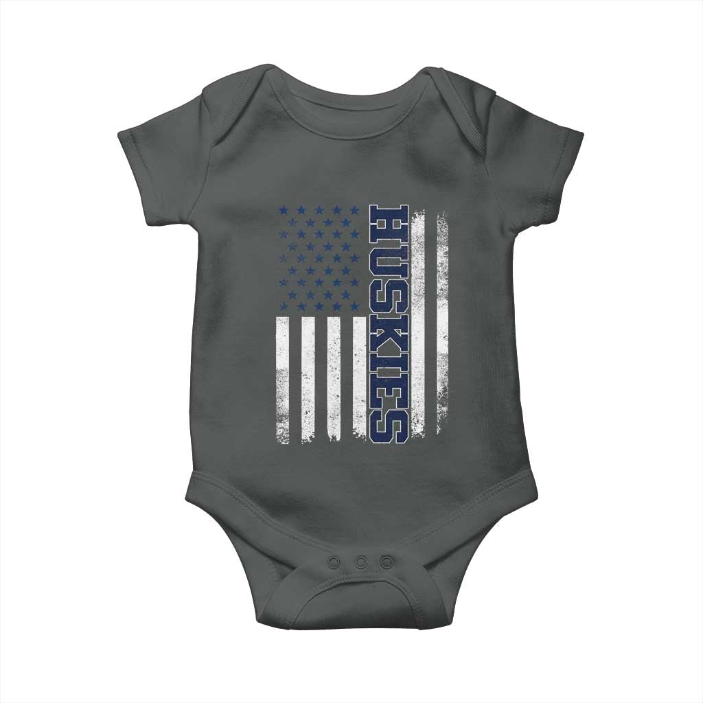 Husky Lover Sports Varsity Aesthetic Letters Vintage American Flag Baby Onesie TS11 Dark Heather Print Your Wear