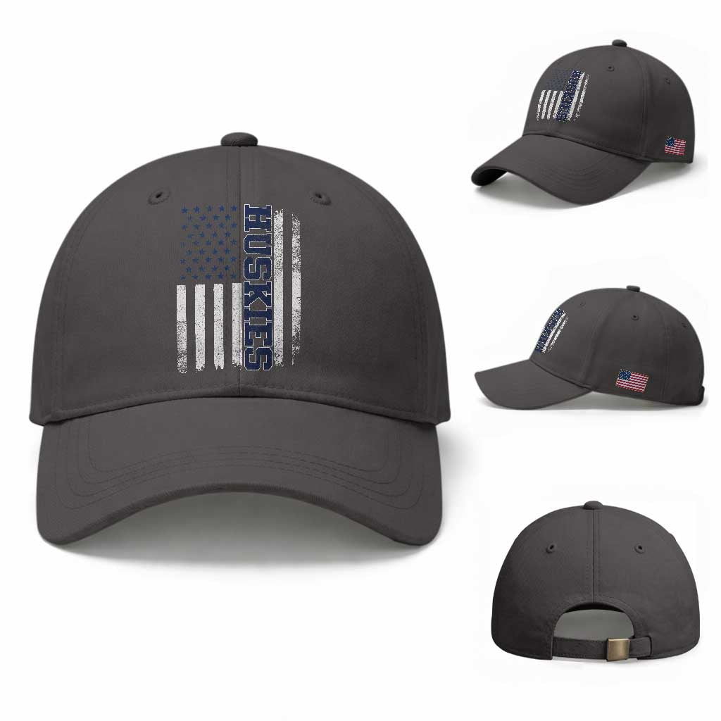 Husky Lover Sports Varsity Aesthetic Letters Vintage American Flag Baseball Cap TS11 Baseball Cap Universal Fit Dark Gray Print Your Wear