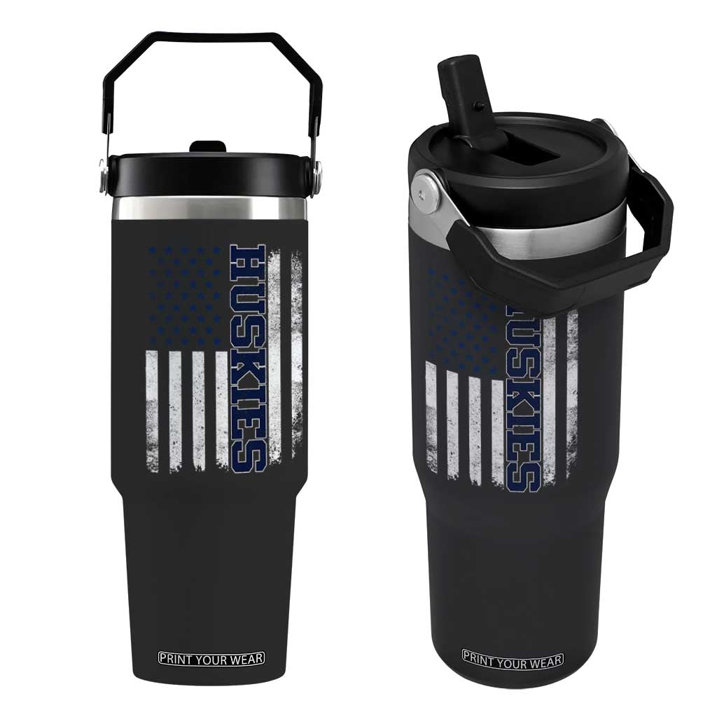 Husky Lover Sports Varsity Aesthetic Letters Vintage American Flag Flip Straw Tumbler TS11 One Size: 30 oz Black Print Your Wear