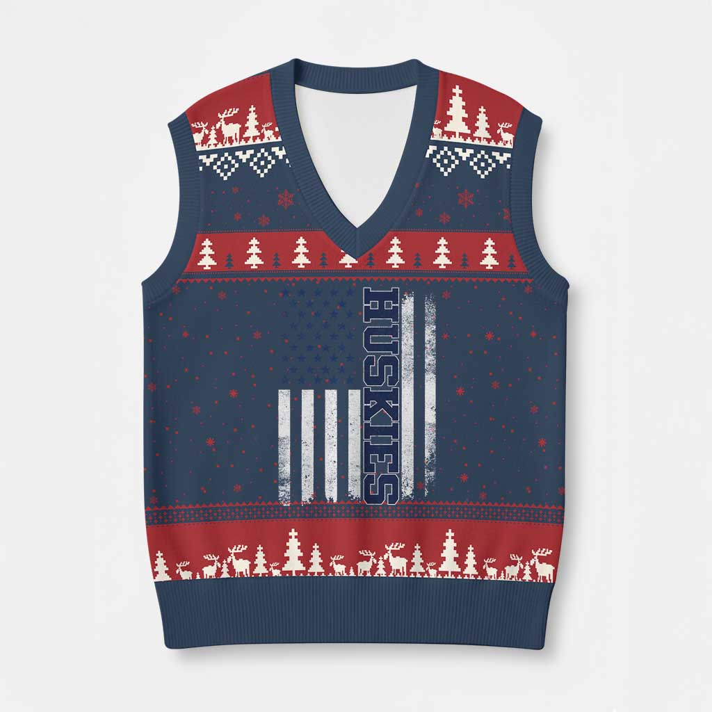 Husky Lover Sports Varsity Aesthetic Letters Vintage American Flag V-Neck Knit Sweater Vest TS11 Navy Red Print Your Wear