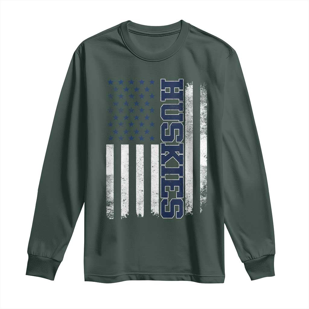 Husky Lover Sports Varsity Aesthetic Letters Vintage American Flag Long Sleeve Shirt TS11 Dark Forest Green Print Your Wear