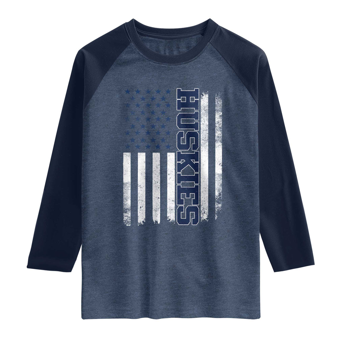 Husky Lover Sports Varsity Aesthetic Letters Vintage American Flag Raglan Shirt TS11 Heather Denim Navy Print Your Wear
