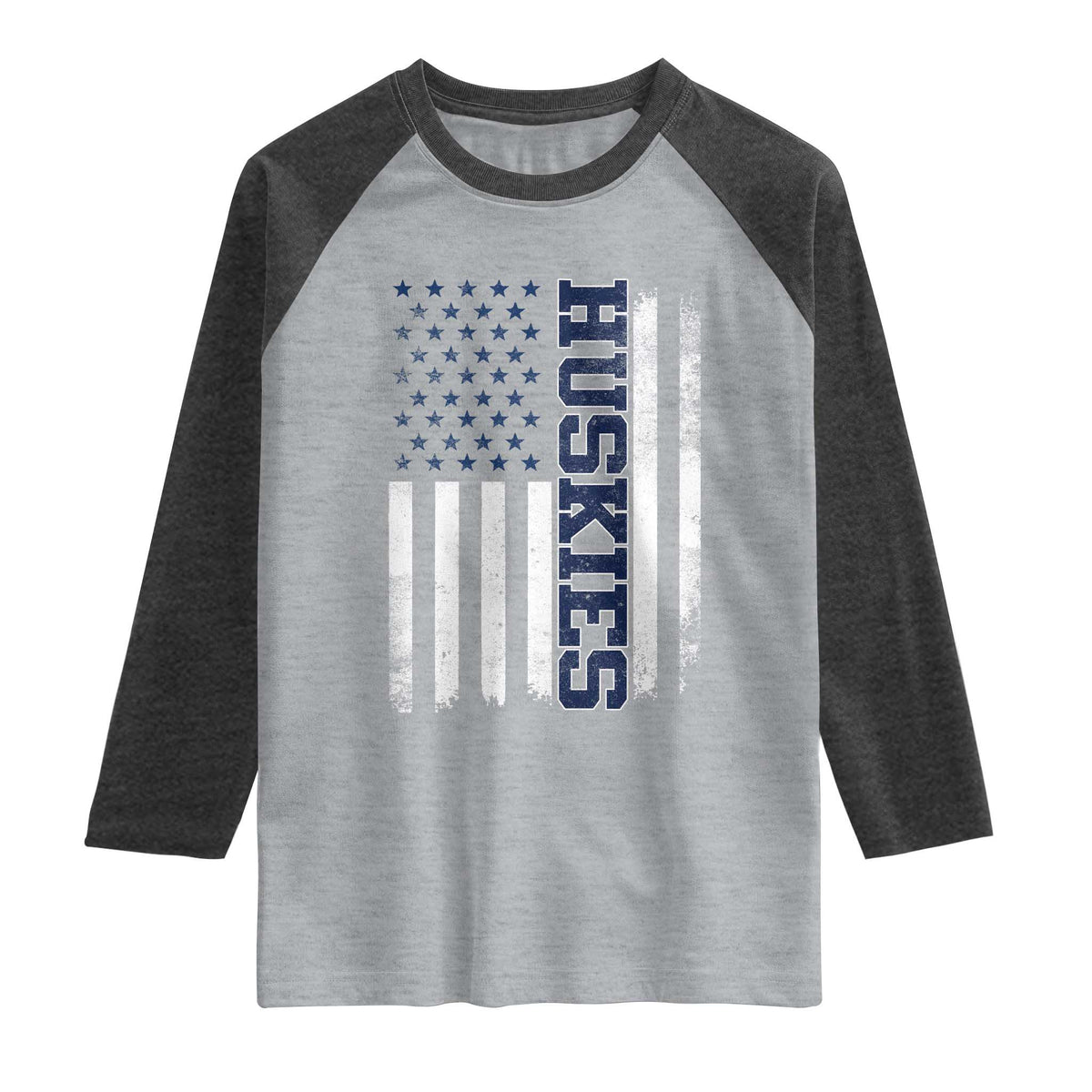 Husky Lover Sports Varsity Aesthetic Letters Vintage American Flag Raglan Shirt TS11 Heather Gray Heather Charcoal Print Your Wear