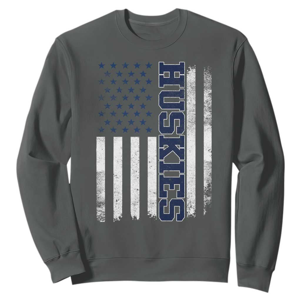 Husky Lover Sports Varsity Aesthetic Letters Vintage American Flag Sweatshirt TS11 Dark Heather Print Your Wear