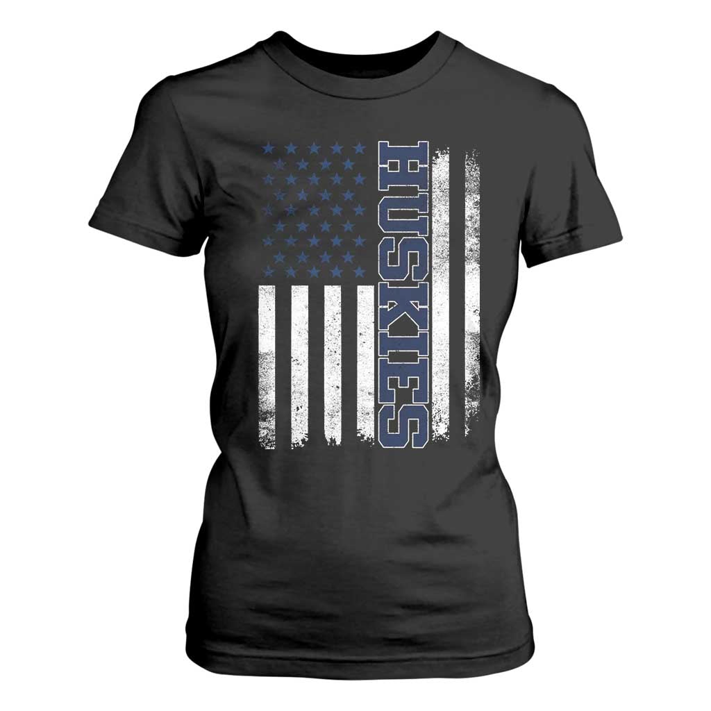 Husky Lover Sports Varsity Aesthetic Letters Vintage American Flag T Shirt For Women TS11 Black Print Your Wear