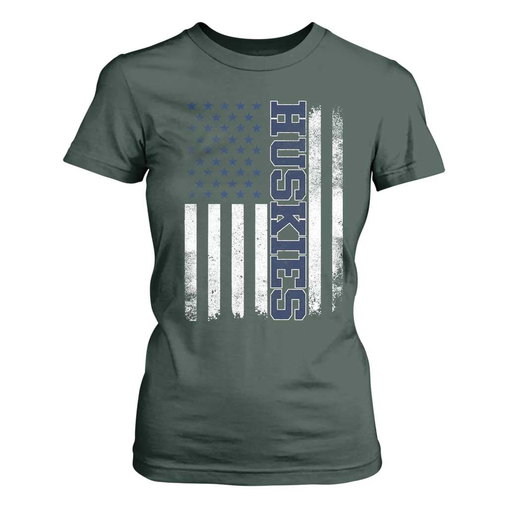 Husky Lover Sports Varsity Aesthetic Letters Vintage American Flag T Shirt For Women TS11 Dark Forest Green Print Your Wear