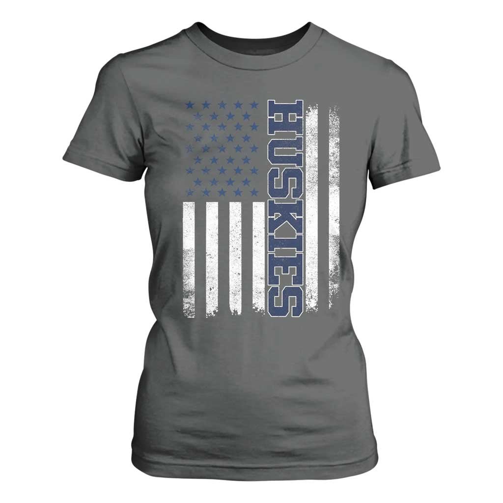 Husky Lover Sports Varsity Aesthetic Letters Vintage American Flag T Shirt For Women TS11 Dark Heather Print Your Wear