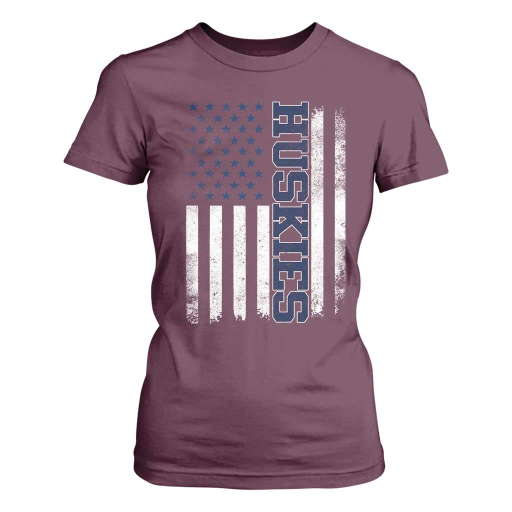 Husky Lover Sports Varsity Aesthetic Letters Vintage American Flag T Shirt For Women TS11 Maroon Print Your Wear