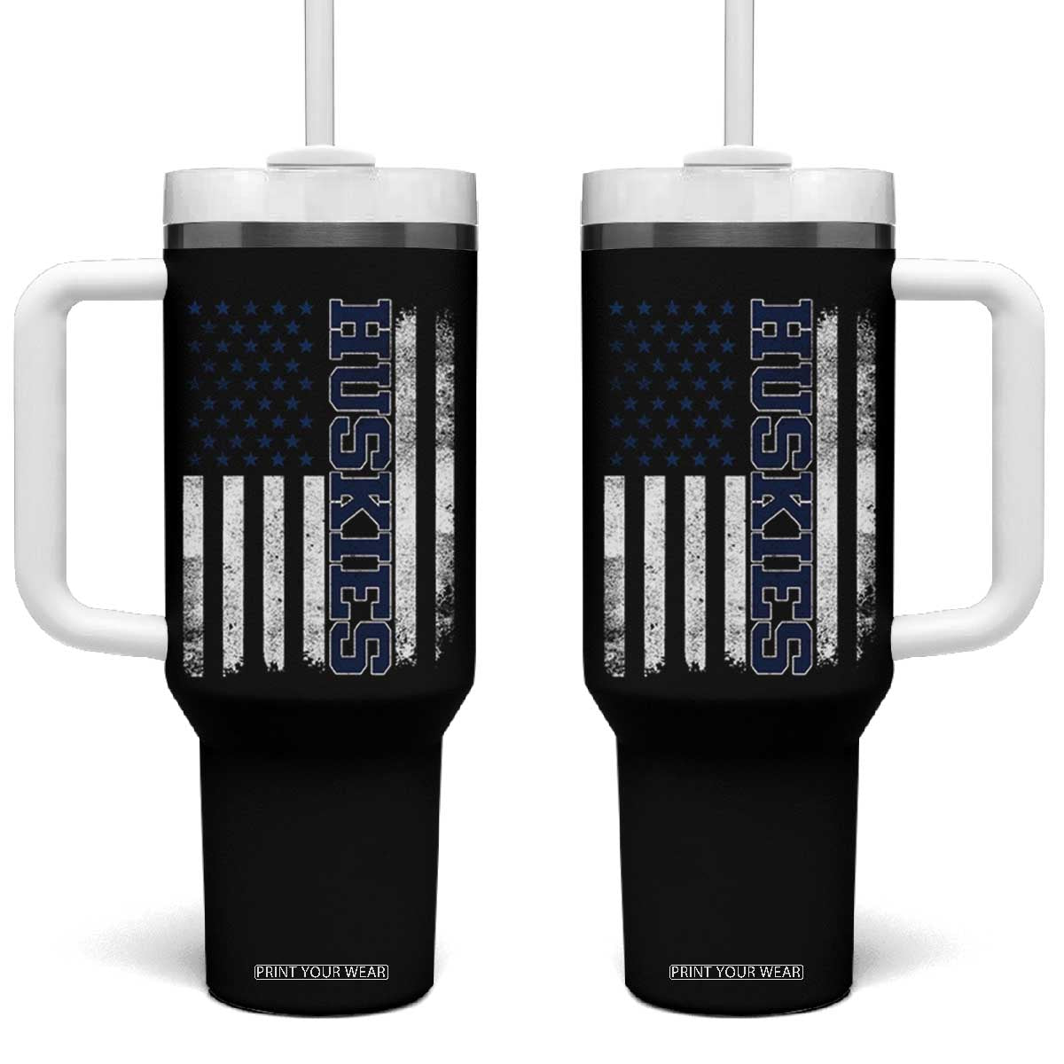 Husky Lover Sports Varsity Aesthetic Letters Vintage American Flag Tumbler With Handle TS11 One Size: 40 oz Black Print Your Wear