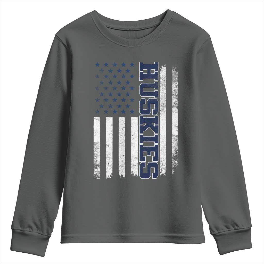 Husky Lover Sports Varsity Aesthetic Letters Vintage American Flag Youth Sweatshirt TS11 Dark Heather Print Your Wear