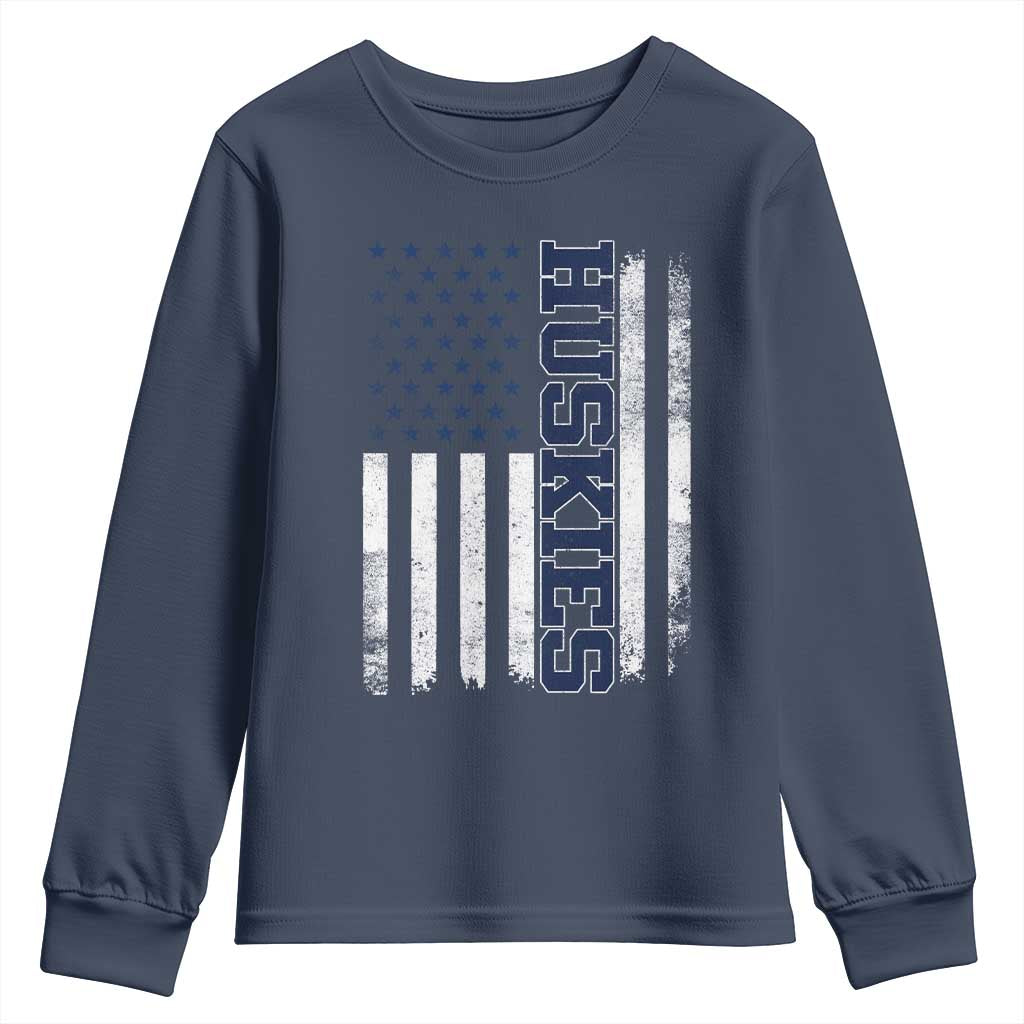 Husky Lover Sports Varsity Aesthetic Letters Vintage American Flag Youth Sweatshirt TS11 Navy Print Your Wear