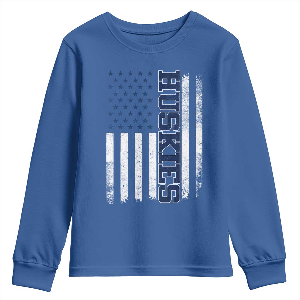 Husky Lover Sports Varsity Aesthetic Letters Vintage American Flag Youth Sweatshirt TS11 Royal Blue Print Your Wear