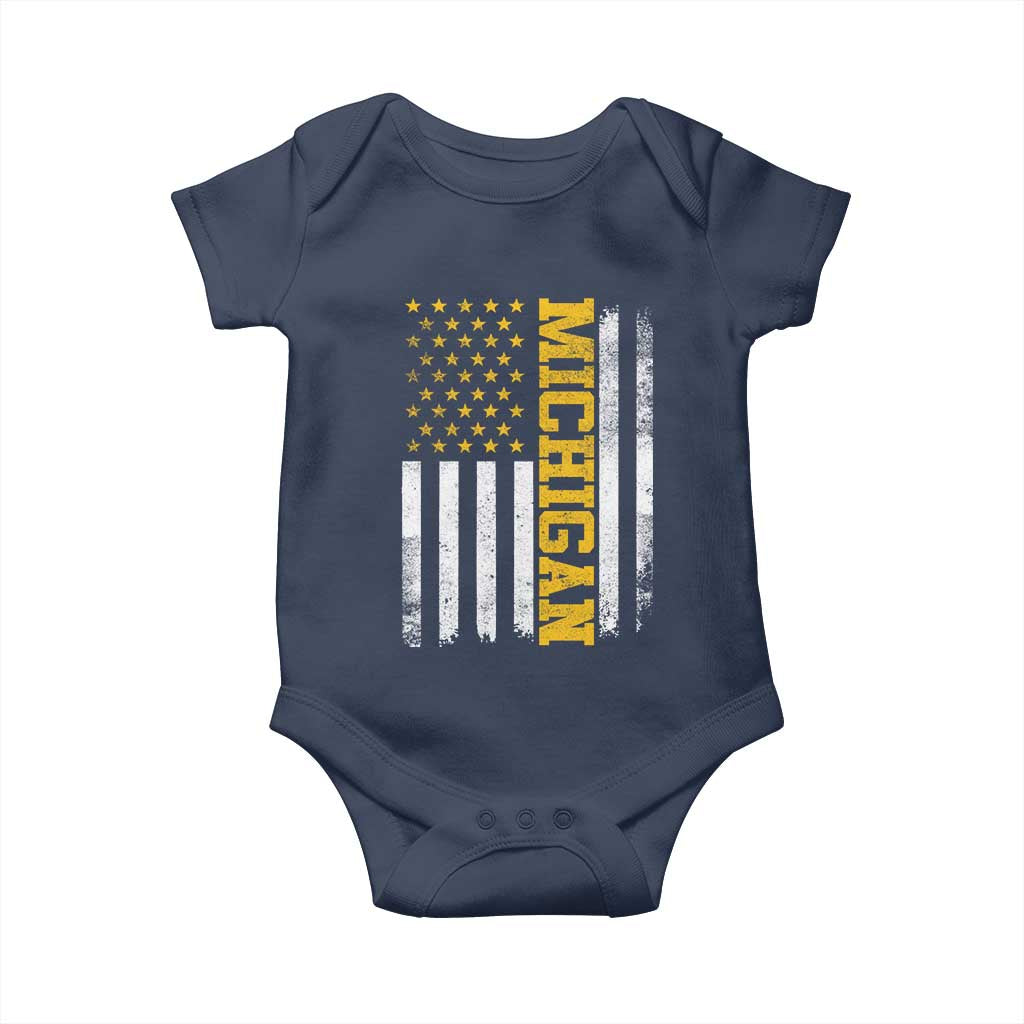 Michigan Pride Baby Onesie Vintage American Flag Distressed Varsity Aesthetic Letters MI State TS11 Navy Print Your Wear