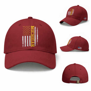 Michigan Pride Baseball Cap Vintage American Flag Distressed Varsity Aesthetic Letters MI State TS11 Baseball Cap Universal Fit Cherry Red Print Your Wear