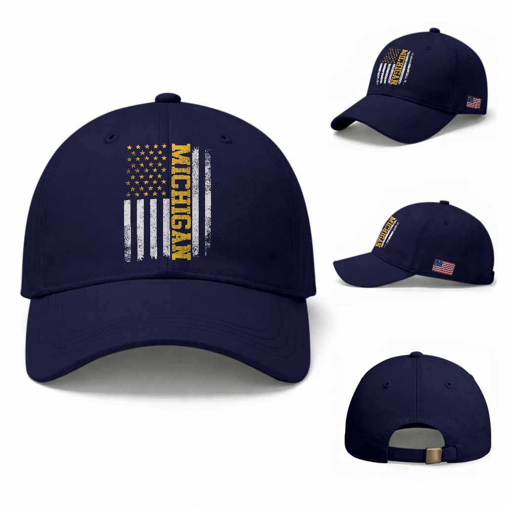 Michigan Pride Baseball Cap Vintage American Flag Distressed Varsity Aesthetic Letters MI State TS11 Baseball Cap Universal Fit Dark Blue Print Your Wear