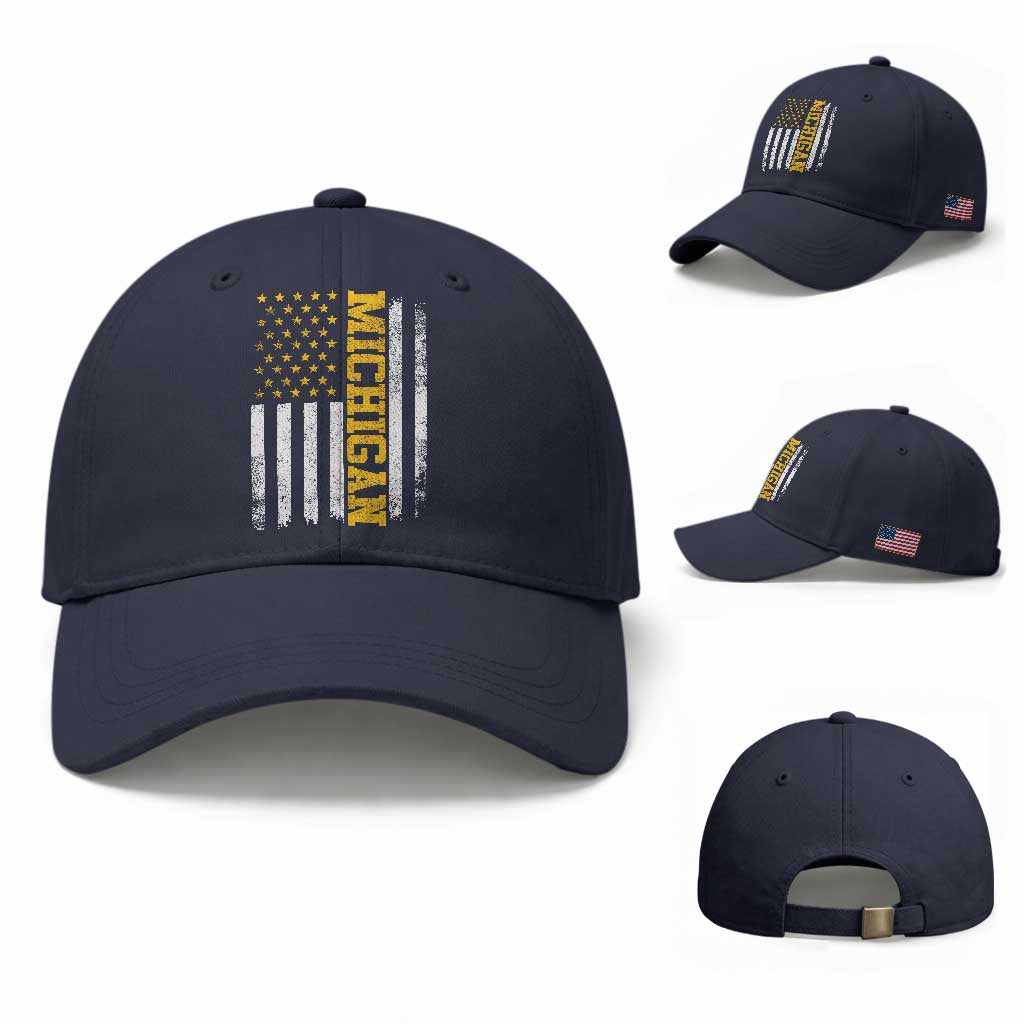 Michigan Pride Baseball Cap Vintage American Flag Distressed Varsity Aesthetic Letters MI State TS11 Baseball Cap Universal Fit Navy Print Your Wear