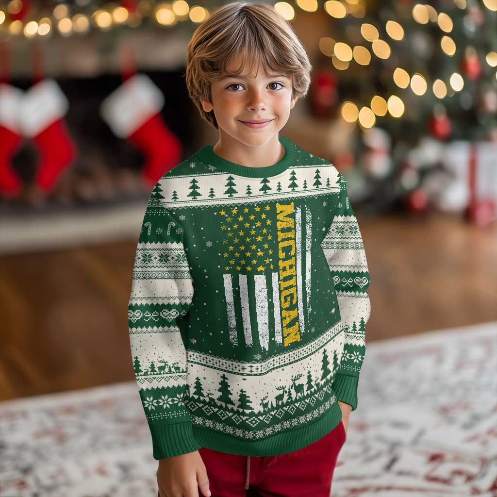 Michigan Pride Ugly Christmas Sweater Vintage American Flag Distressed Varsity Aesthetic Letters MI State TS11 Forest Green Beige Print Your Wear