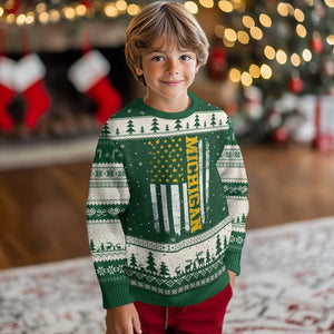 Michigan Pride Ugly Christmas Sweater Vintage American Flag Distressed Varsity Aesthetic Letters MI State TS11 Forest Green Beige Print Your Wear