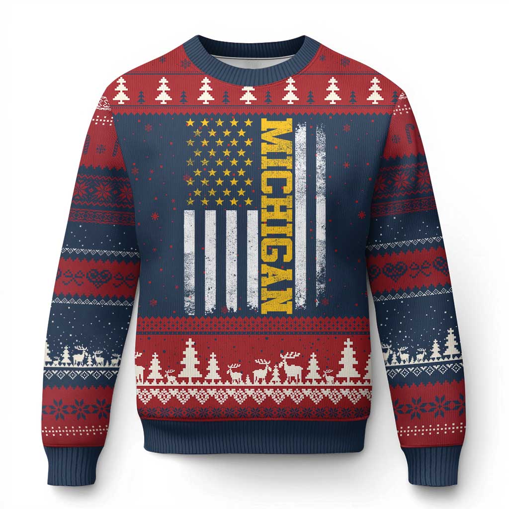 Michigan Pride Ugly Christmas Sweater Vintage American Flag Distressed Varsity Aesthetic Letters MI State TS11 Navy Red Print Your Wear
