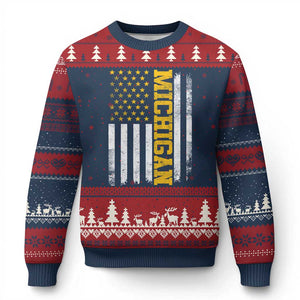 Michigan Pride Ugly Christmas Sweater Vintage American Flag Distressed Varsity Aesthetic Letters MI State TS11 Navy Red Print Your Wear