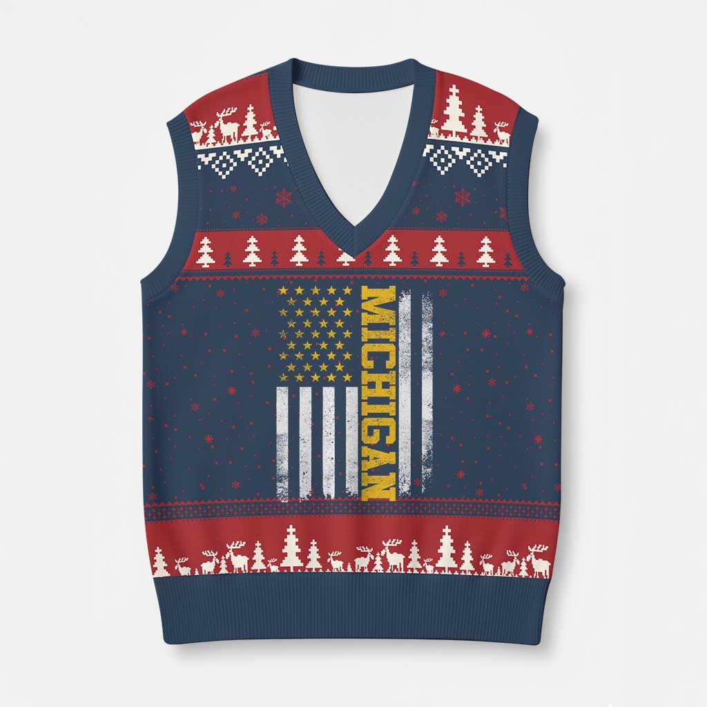 Michigan Pride V-Neck Knit Sweater Vest Vintage American Flag Distressed Varsity Aesthetic Letters MI State TS11 Navy Red Print Your Wear